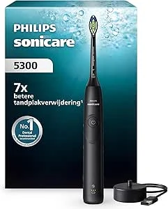 Philips Sonicare 5300 elektrische tandenborstel, sonische tandenborstel met 2 intensiteitsniveaus, drukwaarschuwing, EasyStart, SmartTimer en BrushPacer, zwart, model HX7101/01 [Nieuwe Technologie]