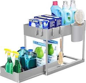 Puricon Opbergrek voor onder de gootsteen, keukenopberger, 2 niveaus, met uitschuiflade, multifunctioneel opbergrek voor badkamer, aanrecht, wasruimte, Grijs