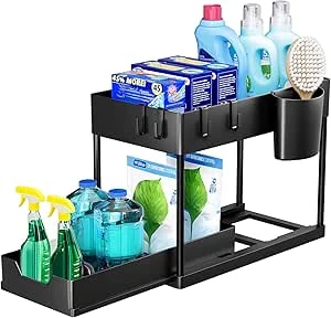 Puricon Opbergrek voor onder de gootsteen, keukenopberger, 2 niveaus, met uitschuiflade, multifunctioneel opbergrek voor badkamer, aanrecht, wasruimte, zwart