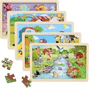Puzzel voor kinderen, 3 jaar, 5 x 24 stukjes, houten puzzel, dieren, educatief speelgoed, speelgoed voor kinderen van 3, 4, 4, 6 jaar, jongens en meisjes