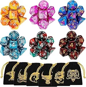 QMAY Polyedrische Dobbelstenen, 6 x 7 (42 stuks) Dobbelstenen met 2 kleuren voor tafelspellen voor Dungeons and Dragons Pathfinder DND RPG MTG, 6 sets van d20, d12, 2 d10 (00-90 en 0-9), d8, d6 en d4
