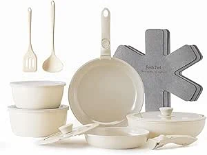 Redchef keramische pannenset met afneembare handgreep, 16-delig.Pannen Afneembare handgreep Inductie, ruimtebesparend kookgerei (PTFE-vrij PFAS-vrij PFOA-vrij), oven- en vaatwasmachinebestendig(Beige)