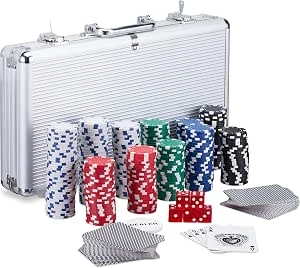 Relaxdays pokerkoffer, met 300 laserchips, 2 kaartspellen, 5 dobbelstenen, button, afsluitbare aluminium koffer, zilver