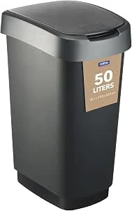 Rotho Twist Afvalbak Met Deksel, 50 L (40,1 x 29,8 x 60,2 cm), Zwart/ Zilver