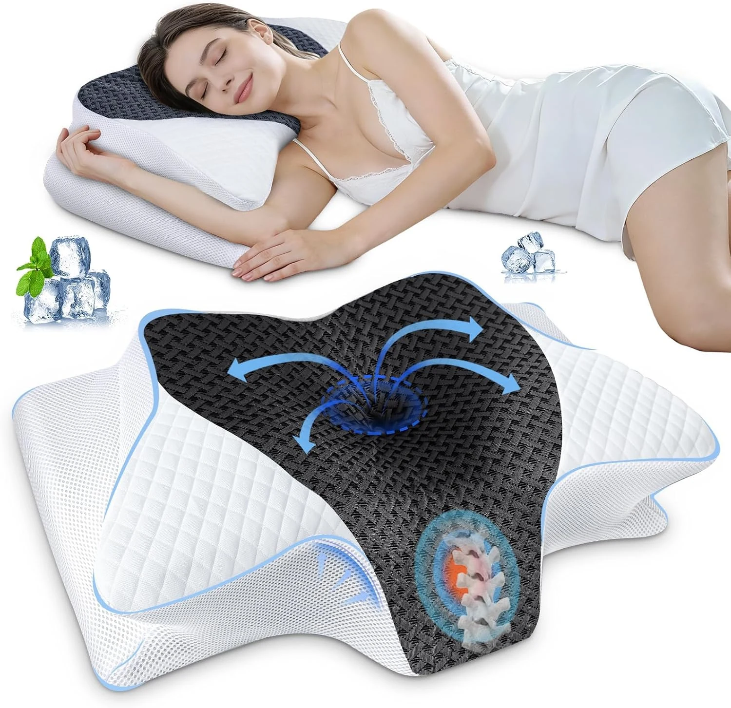 SAHEYER Ergonomisch Nekkussen, 2-in-1 Memory Foam Hoofdkussen, Grijs
