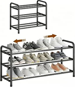 Schoenenrek 3 Tier, Kleine schoenstand Uitbreidbaar Metaal, Zwarte Schoenplank, Schoenopslag Organisator voor Gang, Kledingkast, Slaapkamer, Ingang, Kan worden gebruikt voor 45-80CM smalle ruimte