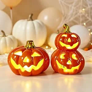 Set van 2 Halloween-pompoendecoraties – Keramische herfstpompoen-lantaarn met griezelig gezicht – Verlichte pompoenlantaarn voor herfstdecoratie binnenshuis