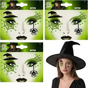 Set van 3 heksengezichtstickers voor Halloween - Tijdelijke glittertattoos - Tijdelijke gezichtstattoos - Voor Halloween, carnaval, festival (groen)
