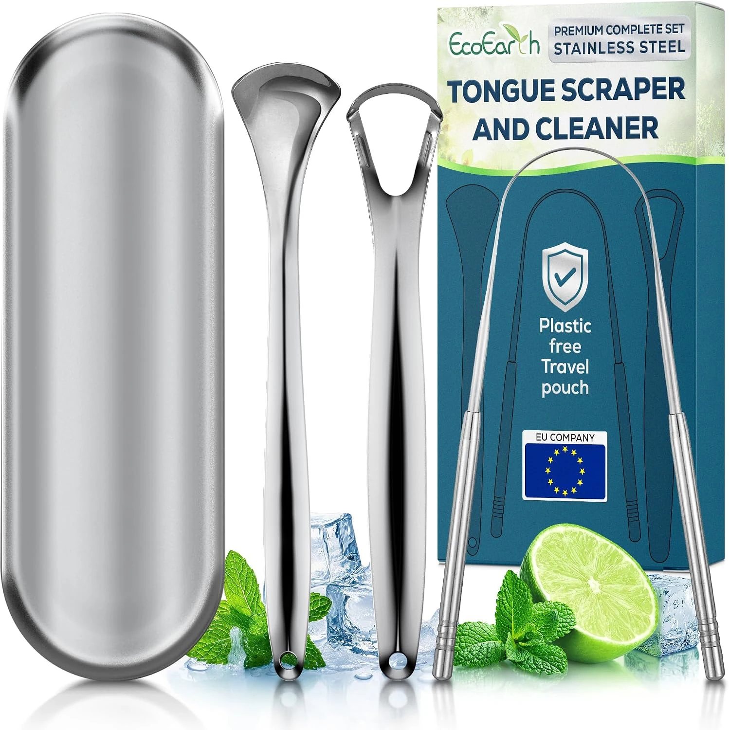Set van 3 tongschrapers voor volwassenen, roestvrijstalen tongschraper met opbergdoos voor mondhygiëne van EcoEarth