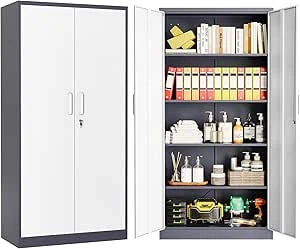 Sightlife Stalen Opbergkast, Stalen Archiefkast met Slot, 4 Verstelbare Planken, Dubbele Deuren, Multifunctionele Gereedschapskast voor Studiekamer, Garage, Grijs wit