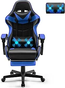 Soontrans Gaming Stoel Massage, Gamingstoel met Voetensteun, Hoofdsteun & Lendenkussen, Gevoerde Armleuningen, Ergonomische Gamingstoel voor Gamers, YouTube, Livestreaming, Xbox (Blauw)