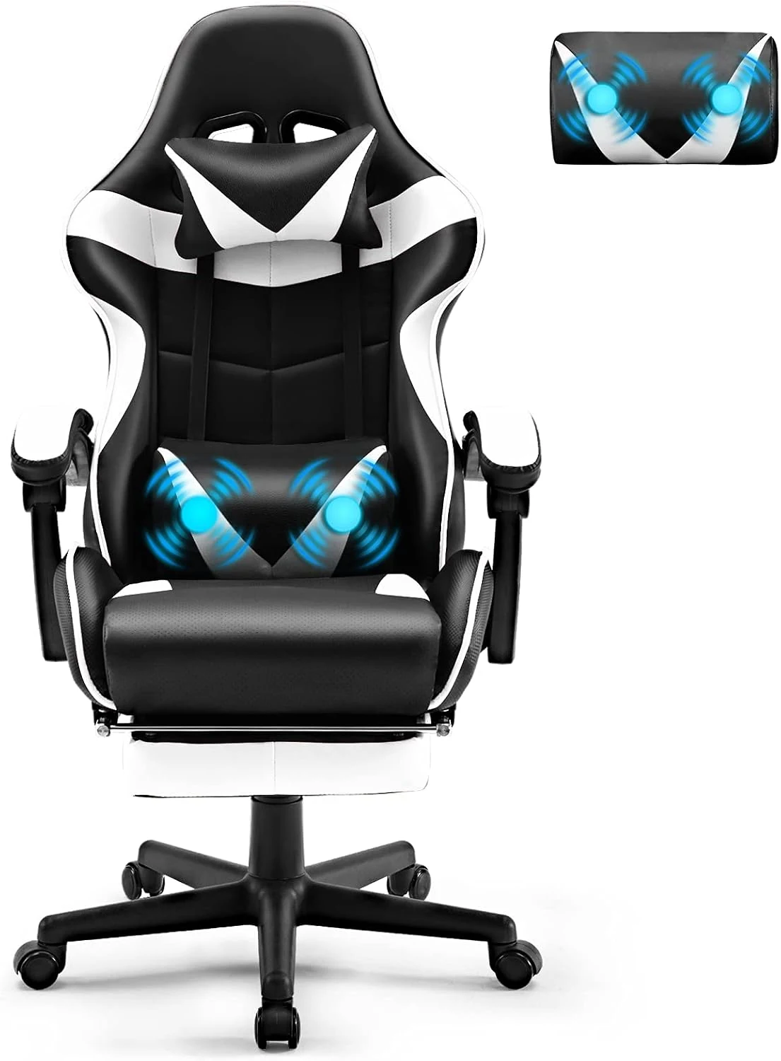 Soontrans Gaming stoel massage, gamingstoel met voetensteun, hoofdsteun & lendenkussen met massages, gevoerde armleuningen, ergonomische gamingstoel voor gamers, YouTube, livestreaming, Xbox (wit)