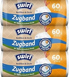 Swirl Scheurvaste en dichte vuilniszakken met trekkoord, 60 liter, 3 multipack met 24 zakken, extra sterk, druppelvrij