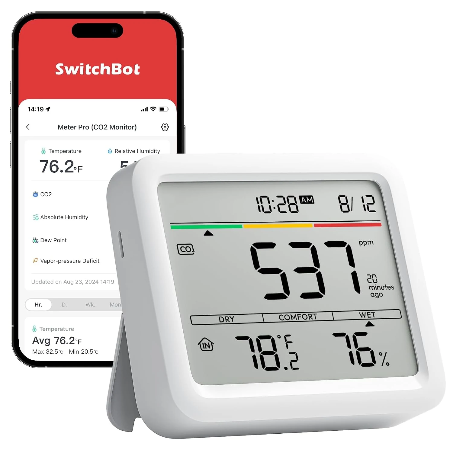 SwitchBot Binnenluchtkwaliteitsmeters CO2 Detector, Temperatuur- en Luchtvochtigheidsmonitor met App, Bluetooth Luchtkwaliteitsmeter voor Thuis, SwitchBot Hub is vereist voor Wi-Fi-verbinding