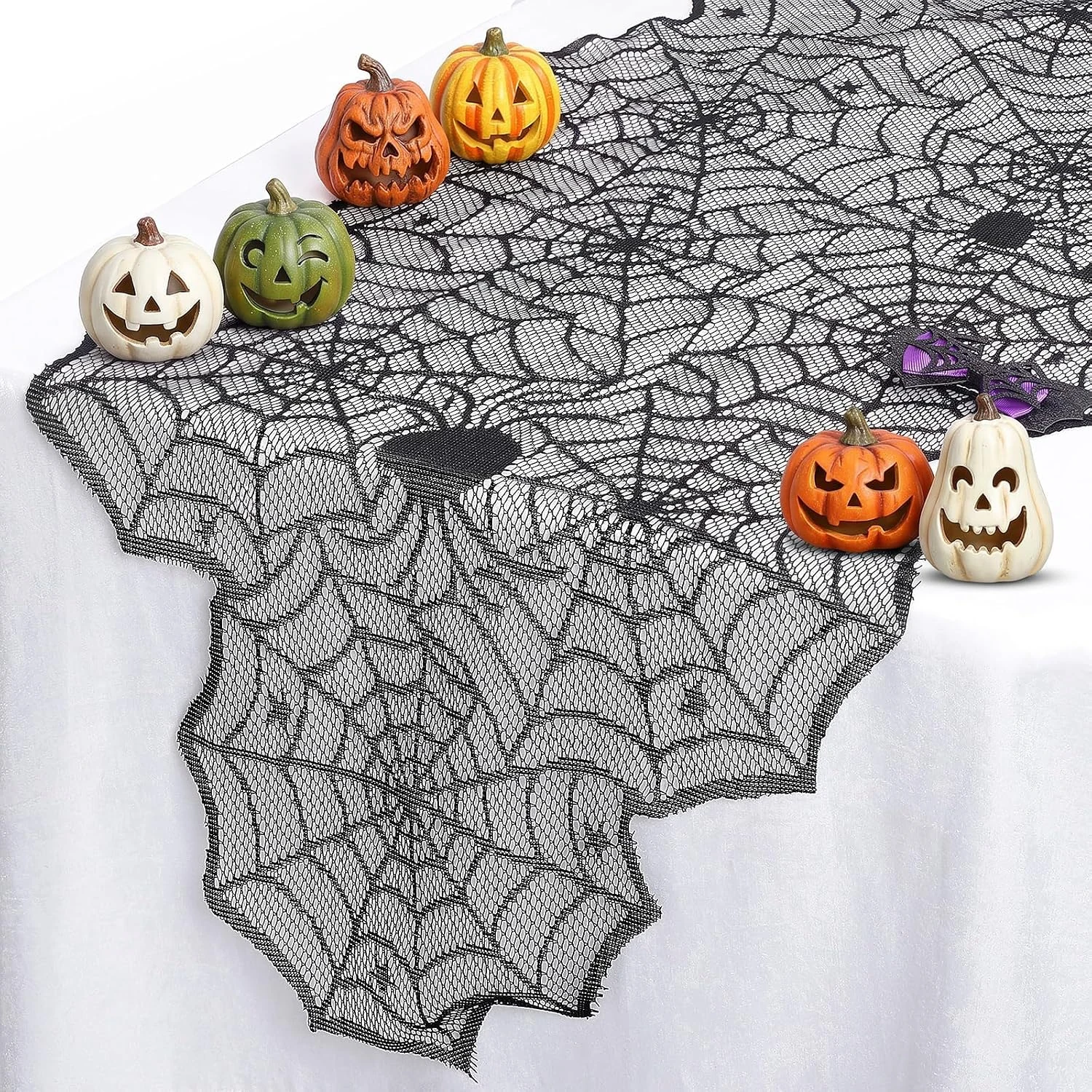 Tafelloper Halloween in Zwarte Kant met Spinnenweb-motief 183 x 45 cm