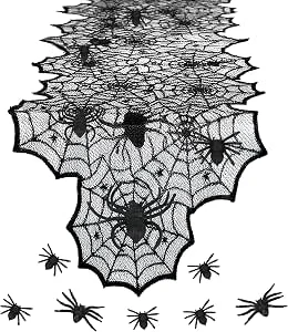 Tafelloper spinnenwebs, 180 x 45 cm, zwart, decoratieve tafel, Halloween, tafeldecoratie, kanten stof met spinnen, tafelband accessoires voor Halloween-party, semi-transparante decoratieve stof
