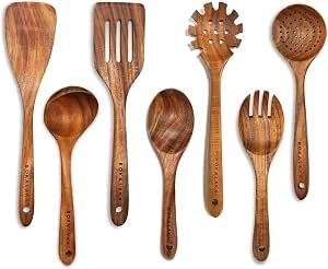 Teak Houten Keukengerei Set - 7 Stks Houten Kookgerei Inclusief Spatel
