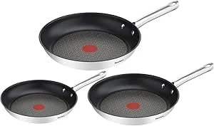 Tefal A704S3 Duetto 3-delige koekenpannenset, 20, 24 en 28 cm, anti-aanbaklaag, geïntegreerde temperatuurindicator, geschikt voor alle warmtebronnen, ook voor inductiekookplaten, roestvrij staal/zwart