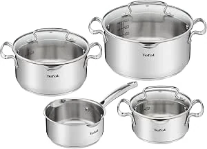 Tefal Duetto Set 7-delig: 3 kookpannen 16/20/24 cm, 1 steelpan 16 cm, 3 deksels, roestvrij staal, 3 glazen deksels, maatmarkeringen, alle warmtebronnen geschikt voor oven en vaatwasser