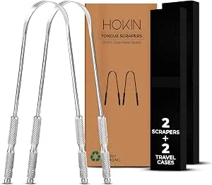 Tongschraper voor volwassenen van HOKIN (2 stuks mondverzorgingspakket) Roestvrijstalen tongreinigers Verminderen slechte adem 100% metalen stevige schrapers Hygiëneproduct voor mannen en vrouwen