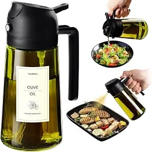 TrendPlain Oliedispenser, oliefles, 2-in-1 dispenser en spray, voor olijfolie en azijn, 470 ml, BPA-vrij, voor de keuken, barbecue, salades (Zwart-1)