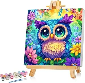 Uil Schilderen op Nummer Kinderen Met Lijst Uil Schilderen op Nummer voor Kinderen Schattig Dier Olieverf Kinderen vanaf 5 6 7 8 9 Jaar voor Huisdecoratie 20x20cm (Met Houten Lijst)