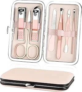 URAQT Professionele Manicureset, 7-Delige Draagbare Nagelknipper & Wenkbrauwverzorgingsset, Roestvrijstalen Nagelverzorgingstools Met Luxe Lederen Etui Voor Op Reis En Thuis
