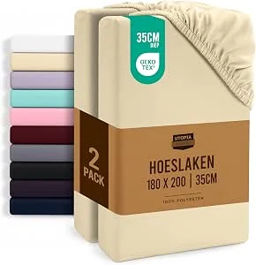 Utopia Bedding Set van 2 Hoeslakens, 35 cm Diep, Onderhoudsvriendelijk Zacht Geborsteld Microvezel Stof, Krimp- en Verkleuringsbestendig (180 x 200 cm,Beige)