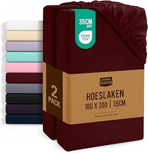 Utopia Bedding Set van 2 Hoeslakens, 35 cm Diep, Onderhoudsvriendelijk Zacht Geborsteld Microvezel Stof, Krimp- en Verkleuringsbestendig (180 x 200 cm,Bordeauxrood)