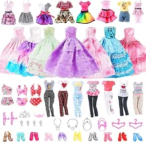 Vicloon Poppenkleding en accessoires, 32 stuks Poppenkleding set, 2 modejurken, 2 top & broek, 2 feestjurken, 2 bikini‘s, 10 tas, 10 schoenen, 12 sierandenaccessoires- voor 30cm