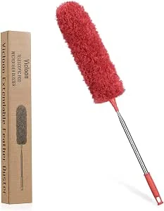 Vicloon Telescopische stofdoek, microvezel, tot 243 cm lengte, met mini-raamreinigingsborstel en roestvrijstalen telescoopstang, wasbaar, buigbare hoekbezem, verwijdert moeiteloos stof (rood)
