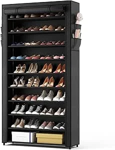 Vicye Schoenenrek met 10 niveaus, hoge schoenenkast, voor 50 paar schoenen, schoenenrek met metalen stofhoes, zwart, voor entree, woonkamer