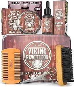 Viking Revolution Beard Grooming Kit for Men - Ultimate Beard Kit - Boar Beard Brush, Wood Beard Comb, Sandalwood Beard Balm, Sandalwood Beard Oil, Beard & Mustache Scissors