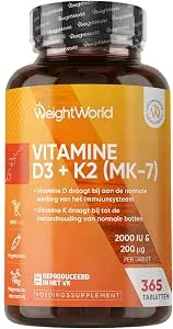 Vitamine D3 + K2 tabletten - 2000 IE vitamine D3 + 200 mcg vitamine K2 (MK-7) - 365 mini-tabletten voor 1 jaar voorraad - Gemaakt in het Verenigd Koninkrijk - Vegetarisch - WeightWorld