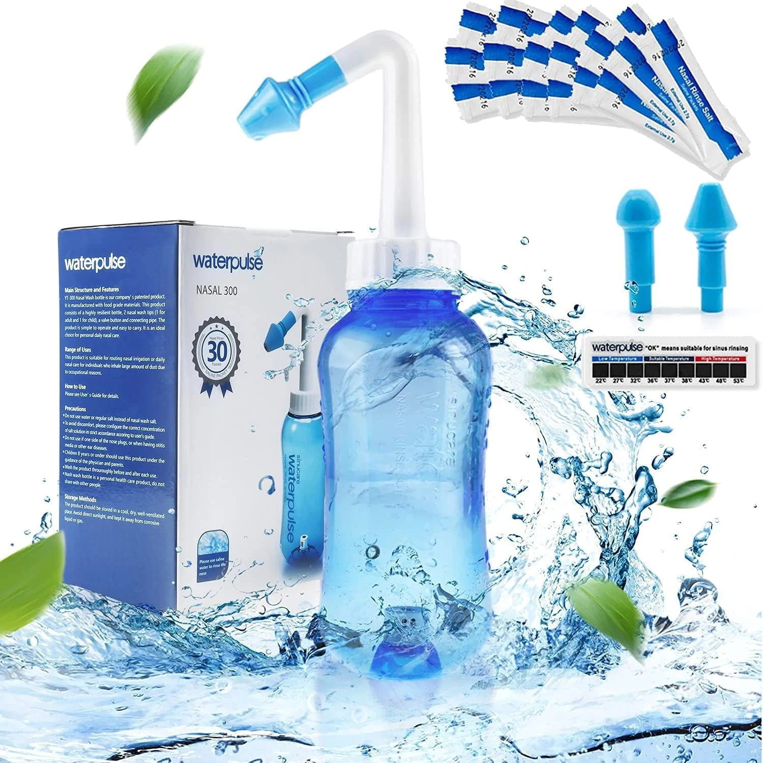 Waterpulse Neti Pot, sinus spoelfles 300 ml, neusreiniger, neusirrigatiesysteem met 30 neusspoelzoutpakketten en stickerthermometer voor volwassenen en kinderen BPA-vrij (300 ml, blauw)