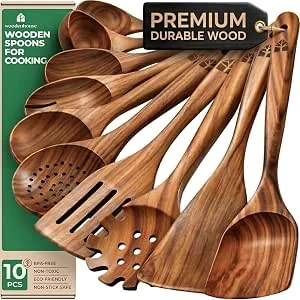 WOODENHOUSE LIFELONG QUALITY Houten lepels om te koken, 10 stuks teakhout kookgerei set - houten keukengerei voor anti-aanbakpannen en kookgerei - Studie, lichtgewicht en hittebestendig