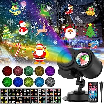 YAZEKY Kerstprojector Buiten Binnen, Buiten Halloween-projector met afstandsbediening, 16 patronen en 10 kleuren Watergolfeffect Sneeuwvlok Projectorlamp Decoratie voor feest, Kerstmis