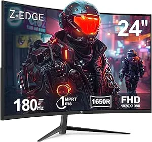 Z-Edge Monitor Gaming 24 inch Gebogen, 180Hz, FHD (1920x1080), 1ms, FreeSync, LED-pc-scherm met DisplayPort-kabel, 1650R VA-kleur, kantelbaar, 300cd/m², HDMI 2.1 & DisplayPort 1.4, kijkhoek van 178°