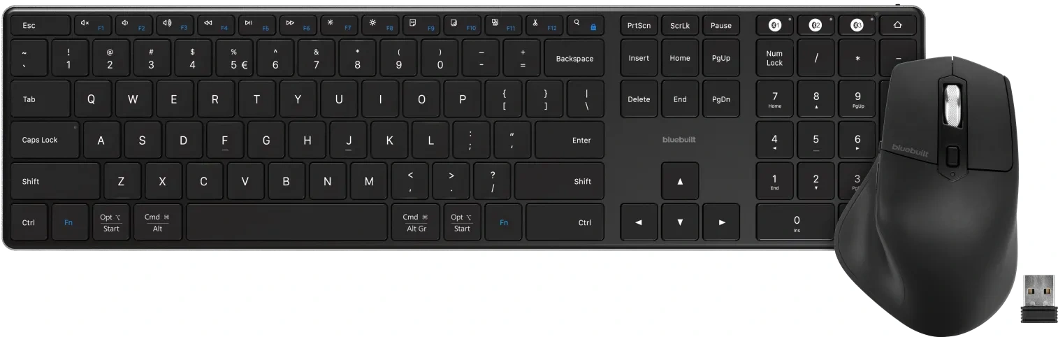 BlueBuilt Draadloos Bluetooth QWERTY Pro Toetsenbord + Ergonomische Bluetooth Muis