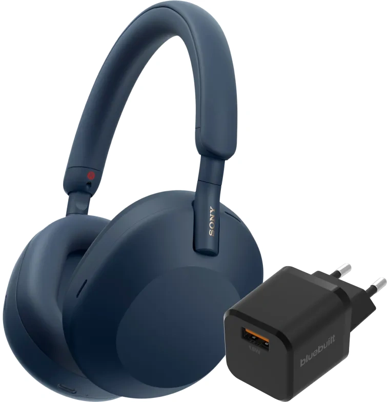 Sony WH-1000XM5 Blauw + BlueBuilt Quick Charge Oplader met Usb A Poort 18W Zwart