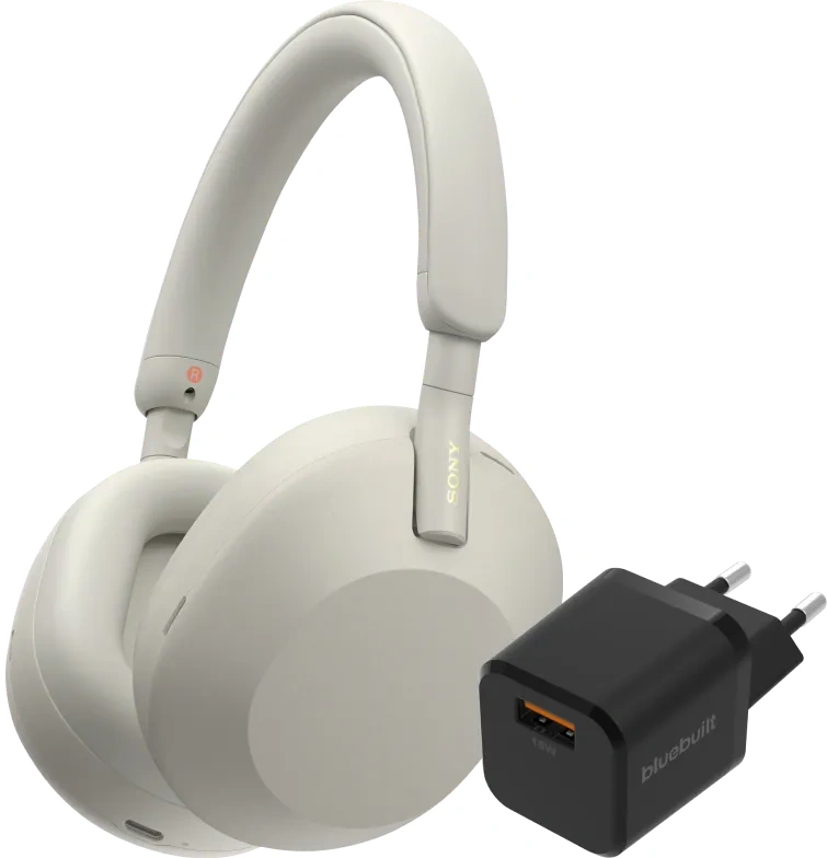 Sony WH-1000XM5 Zilver + BlueBuilt Quick Charge Oplader met Usb A Poort 18W Zwart