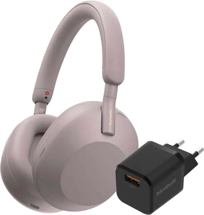 Sony WH-1000XM5 Roze + BlueBuilt Quick Charge Oplader met Usb A Poort 18W Zwart