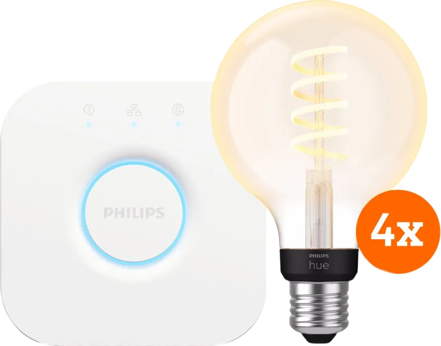 Philips Hue Filament White Ambiance Globe 4-Pack + Bridge