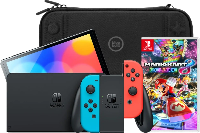 Nintendo Switch OLED Blauw/Rood + Mario Kart 8 Deluxe + BlueBuilt Beschermhoes