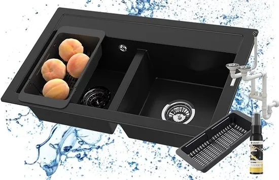 Granitan Spoelbakken Keuken Granieten Duet - Dubbele Spoelbak - met Sifon - 75,6x44,7x18cm - Zwart