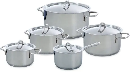 BK Profiline Pannenset 5-delig - 16/18/20/24cm - 1.6/2.5/3.5/6L - Zonder PFAS-vrije antikleeflaag - RVS pannenset - Inductie kookpan - Ovenbestendig tot 230°C - Met deksel - Zilver