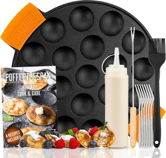 IRONO Poffertjespan Set - Incl. Doseerfles, Keervork en 6 vorkjes - Poffertjespan Inductie en Electrisch - Poffertjesmaker 19 Poffertjes - Gietijzeren Pan - Poffertjes Maken - Spuitfles - Vaderdag Cadeau