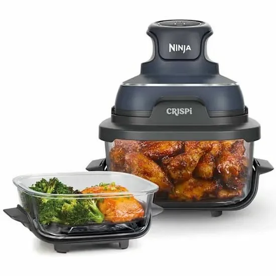 Ninja CRISPi 4-in-1 compact glazen kooksysteem - Airfryer, Roast, Recrisp, Keep Warm - Inclusief twee glazen schalen van 3.8L en 1.4L en bijpassende deksels - 2 Crisper-Plates - Blauw - FN101EUGY