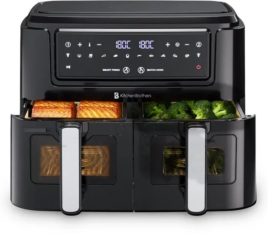 KitchenBrothers Dubbele Airfryer - PFAS-vrij - 2400W - Dual Zone - 9L - Heteluchtfriteuse - Airfryer XXL - 2 x 4.5L - 10 Kookprogramma's - Zwart