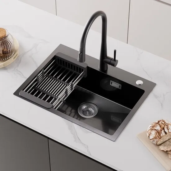 CECIPA max Handgemaakte RVS Spoelbak - Spoelbak Antraciet 60x45CM - Spoelbak Keuken Met Afdruiprek - Met Kraangat - RVS Gootsteen Met Afdruiprek